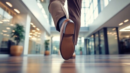 Fototapeta premium Feet of a businessman rushing in office corridor or open space because he is late to a meeting , man wearing brown suit show walking in modern office building