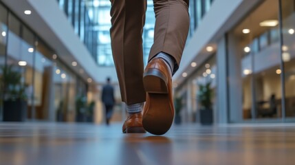 Fototapeta premium Feet of a businessman rushing in office corridor or open space because he is late to a meeting , man wearing brown suit show walking in modern office building