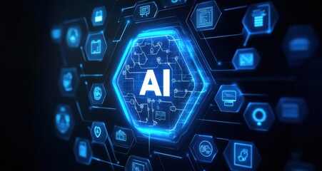 Futuristic concept illustration featuring a blue hexagon with AI letters and digital icons representing artificial intelligence technology
