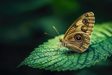 Elegant Brown Butterfly perched on Vibrant Leaf in Lush Garden