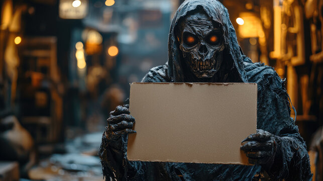 Creepy zombie holds blank cardboard sign, scary dead man and empty board on Halloween night. Theme of ads, horror, mockup, greeting, party