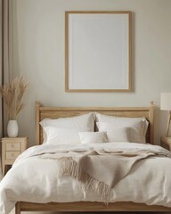 Rustic Farmhouse Bedroom Interior with Blank Frame, Vintage Decor Style