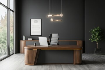 Modern CEO Office Interior with Corporate Poster and Stylish Wooden Desk