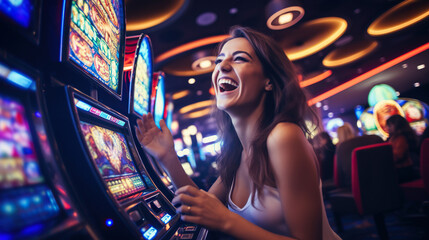 Woman playing casino slots. gambling emotions