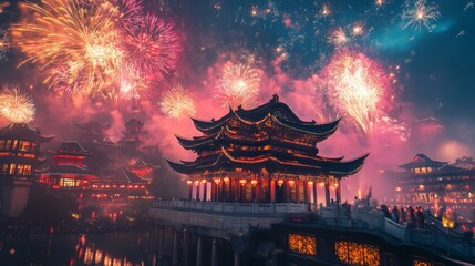 Fototapeta premium Fireworks and Festivities Photograph of Chinese new year fireworks celebrations on the chinese temple background