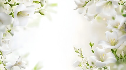 Fototapeta premium Elegant white freesia floral background with blossoms and petals in natural light