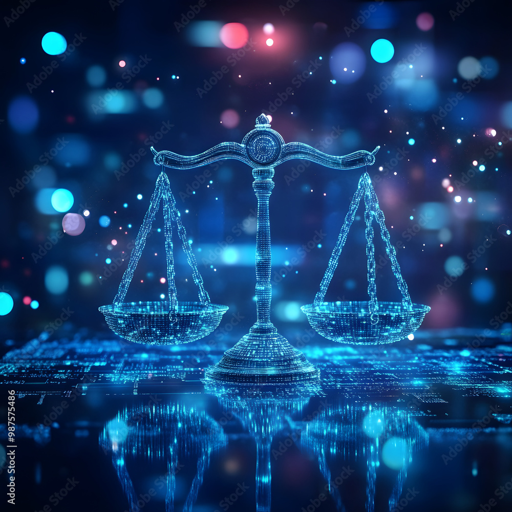 Poster high tech blue digital justice scale surrounded by digital data on blue bokeh background , represent