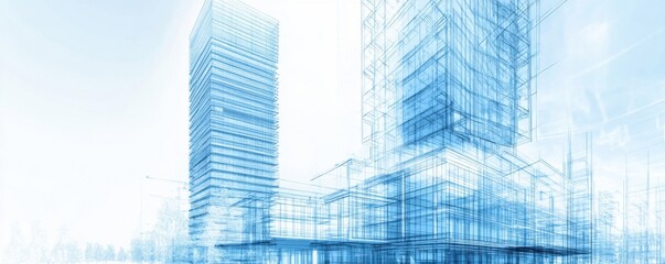 Modern architectural blueprint showcasing the detailed design and structure of a contemporary building in a blue color scheme
