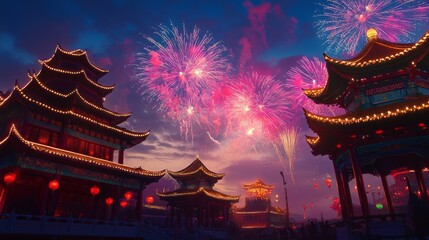 Fototapeta premium Fireworks and Festivities Photograph of Chinese new year fireworks celebrations on the chinese temple background