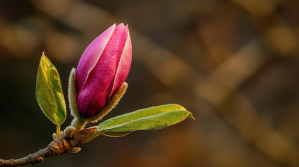 A delicate pink magnolia bud is on the cusp of blooming, perched on a branch with tender green leaves, signaling the arrival of spring in a nature setting.