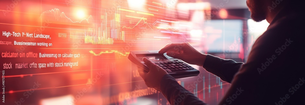 Poster business person using a calculator for analyzing digital financial data in modern office environment