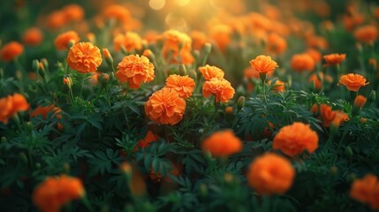Vibrant orange marigold flowers in full bloom surrounded by lush green foliage in a beautiful garden setting The image exudes a warm cheerful and natural atmosphere