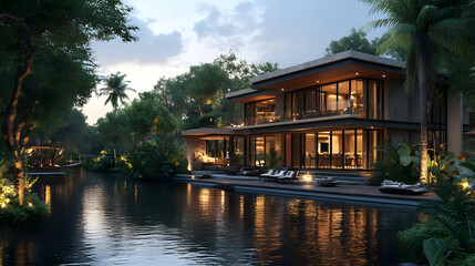 Obraz premium Modern Luxury House with Pool and Tropical Landscape - 3D Illustration