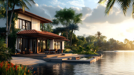 Obraz premium Tropical House with Pool and Sunset Sky 3D Illustration