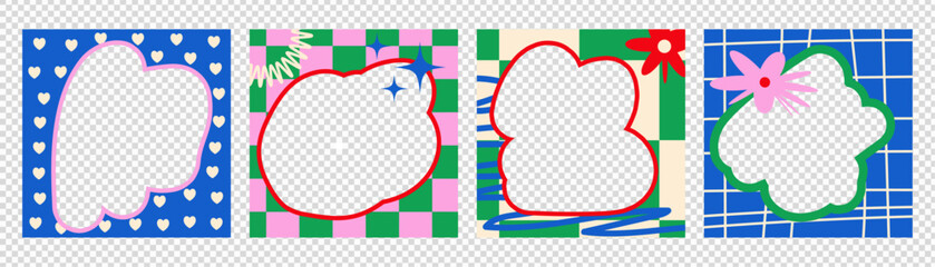 Set of border square frames with cute hand drawn elements. Trendy template design with wavy lines, abstract dots, flowers.