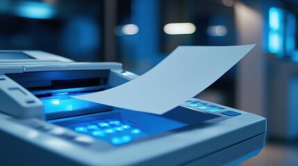 Fototapeta premium Close-up of a modern photocopier with a sheet of paper in a dimly lit office environment, showcasing technology and design.