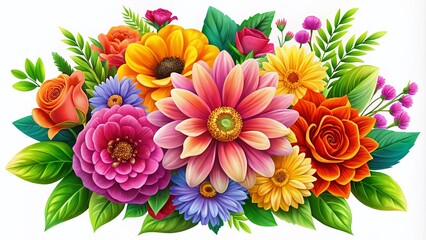 Colorful Clip Art Bouquet of Flowers with Vibrant Petals and Green Leaves for Decorative Use