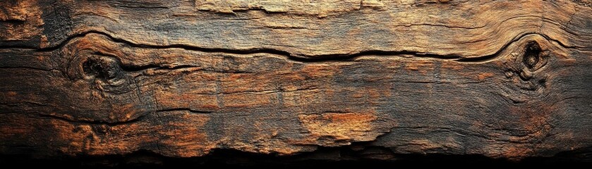 Close-up view of an aged wooden surface with deep textures and rich colors, showcasing the beauty of natural wood grain patterns.