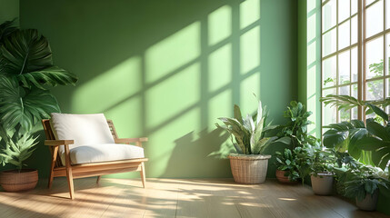 Green Living Room 3D Render with Wooden Chair and Plants