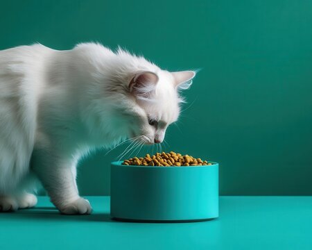 A minimalist studio shot of a white cat eating dry food from a modern