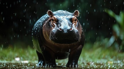Fototapeta premium Pygmy hippo standing in the rain, water droplets sparkling on its shiny skin
