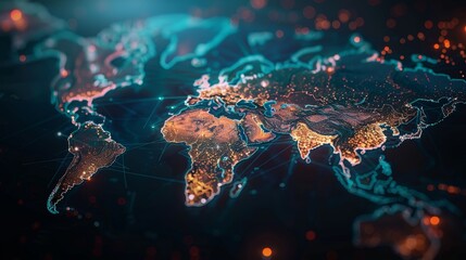 Futuristic glowing world map on dark background representing globalization and communication network