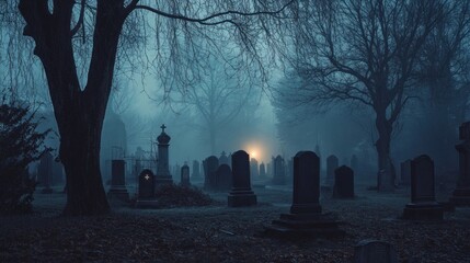 A foggy graveyard at dusk, with ancient tombstones shrouded in mist and bare trees, creating an eerie, suspenseful Halloween atmosphere.