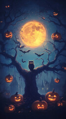 Fototapeta premium Halloween night scene with glowing moon, bats, pumpkins, owl, and haunted castle.