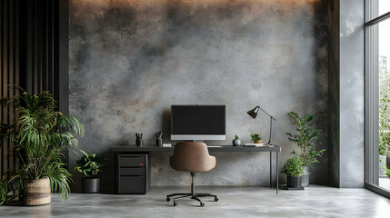 Modern Home Office with Concrete Wall 3D Render
