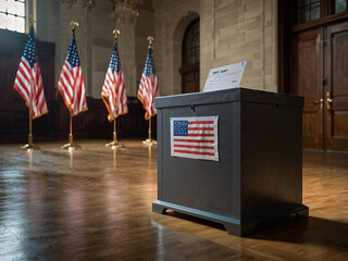 A transparent ballot box in the hall with an important election atmosphere