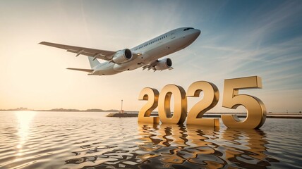 A dramatic shot of gold 3D text reading 2025, set against a backdrop of a white airplane cruising through a clear sky, with sunlight reflecting off the golden surface