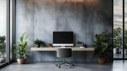Modern Home Office Desk with Concrete Wall 3D Illustration