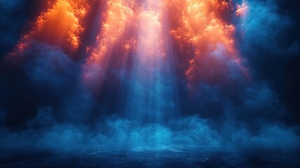 Fototapeta premium A stunning display of colorful mist and light, creating a surreal atmosphere with bright beams illuminating the dark background.