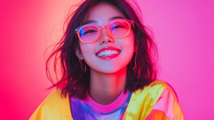 Gen-z beautiful asian fashionable female, wearing neon stylish clothes, happy, smiling, retro style in the style of Vaporwave fashion