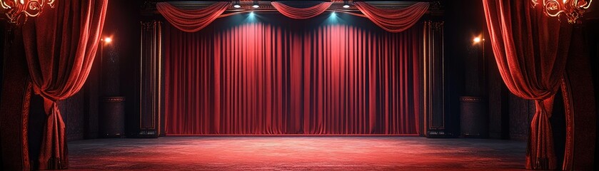 A stunning theater stage with elegant red curtains and bright spotlights, perfect for showcasing performances and events.