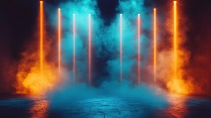 Fototapeta premium Vibrant stage lighting with colorful beams and smoke creates a dramatic atmosphere for concerts and events.