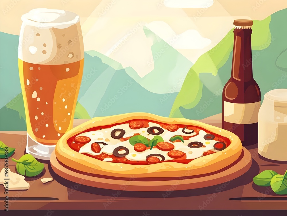 Poster flat design of a casual dining scene featuring a mouthwatering pizza with various toppings and a ref