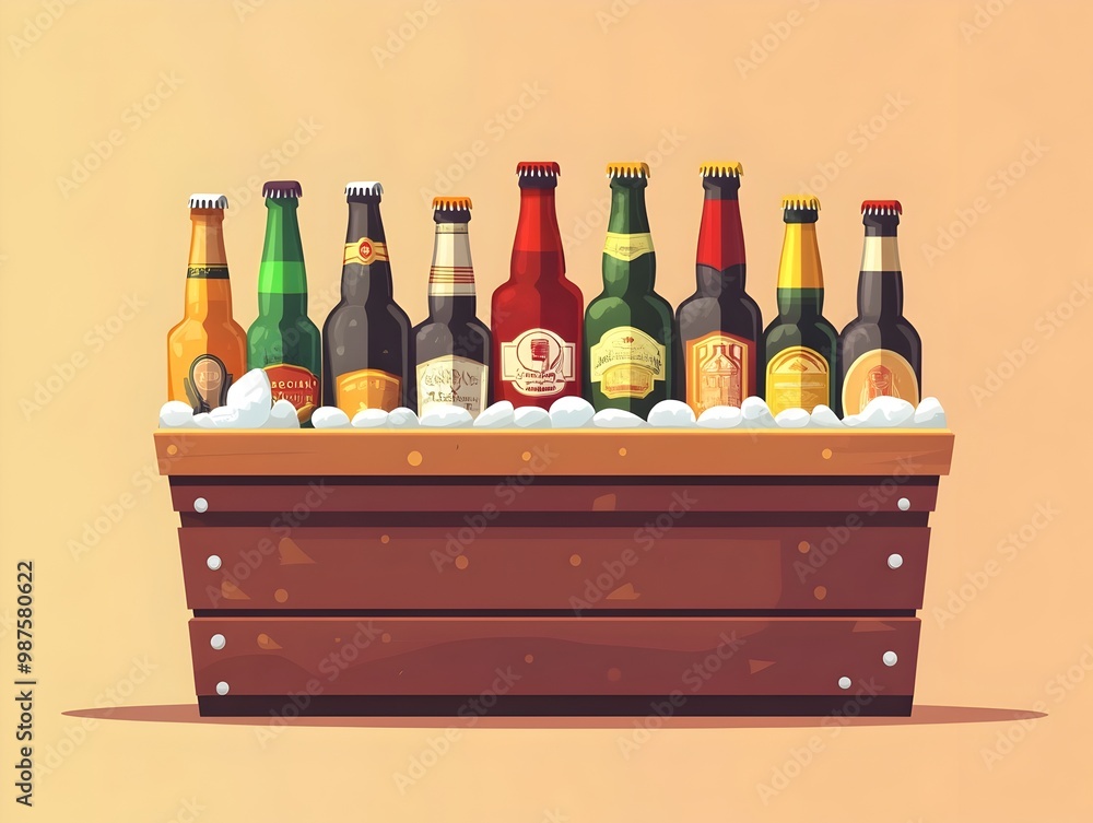 Aufkleber flat design of a wooden crate or cooler filled with assorted beer bottles and ice ready for a refres