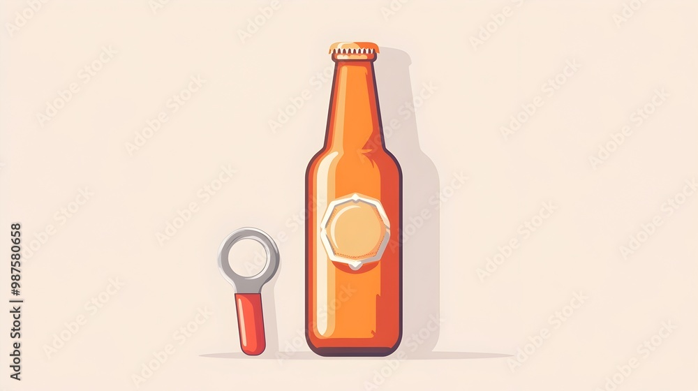 Poster flat design of an orange beer bottle with a metallic cap opener tool beside it this minimalist image