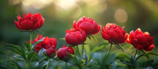 Fototapeta premium Breathtaking close up view of stunning red peony flowers in full bloom surrounded by lush green leaves and petals against a soft blurred natural background with beautiful bokeh effect The vibrant