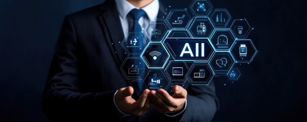Business professional in a suit holding a digital interface with AI technology concept hologram visualization