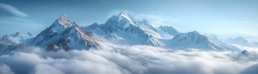 Fototapeta premium Majestic snow-capped mountains rise above a sea of clouds, showcasing nature's grandeur in a serene and picturesque landscape.