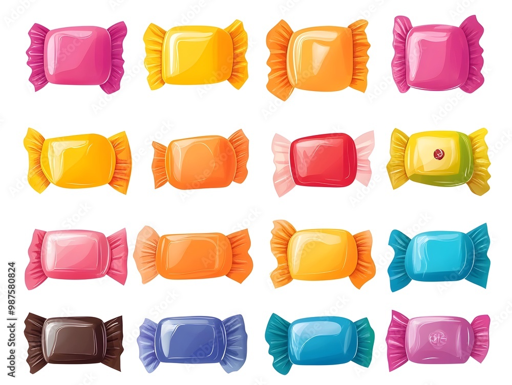 Poster flat design showcasing a vibrant arrangement of multicolored candy wrappers neatly organized in rows