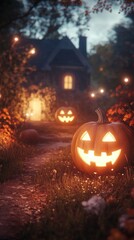 3D-rendered glowing pumpkins, eerie Halloween scene.