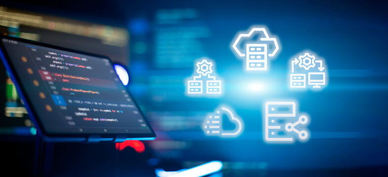 Writing programming code on laptop. Software source code. Programming code. Abstract IT technology background.