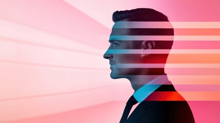 A man in a suit with his face cut up into different colors, AI