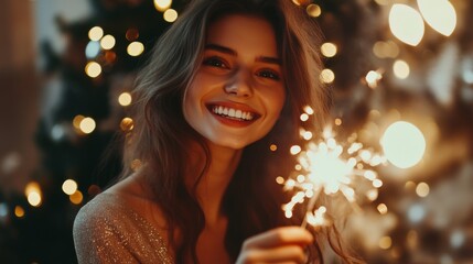 Fototapeta premium Girl with a sparkler near the Christmas tree. A cheerful young woman with a cute smile in a beige dress is standing and holding a sparkling sparkler in the hands against the background of the christma