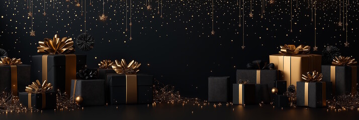 Glamorous black and gold wrapped gifts, hanging stars, and sparkling lights, creating a luxurious holiday atmosphere for Black Friday or Christmas shopping