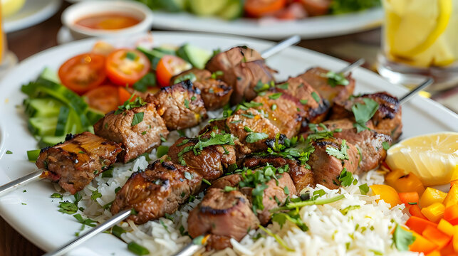 Grilled Meat Skewers with Rice and Fresh Herbs