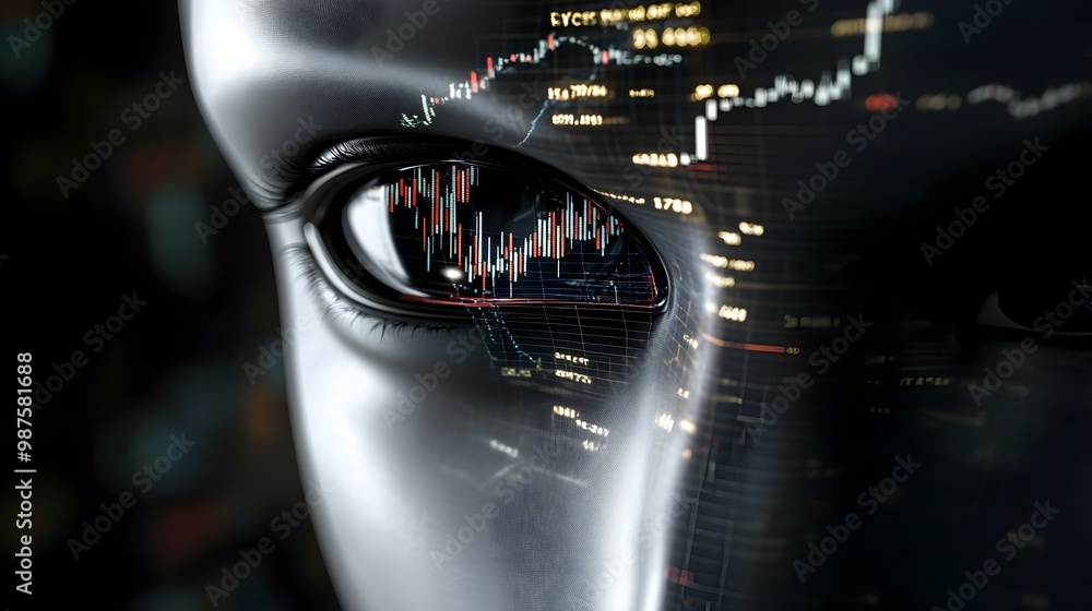 Poster futuristic abstract robot face with market charts and financial analytics data reflected in its eyes